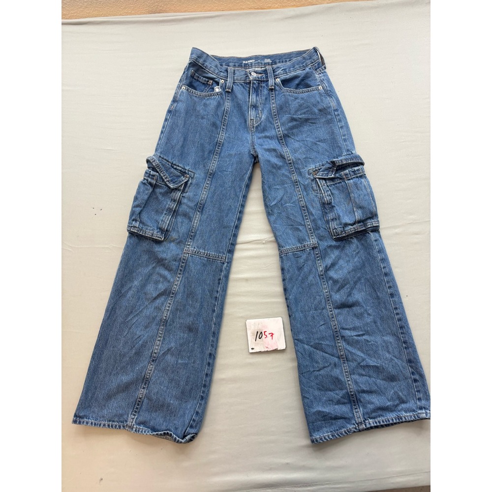 Old Navy High Rise Baggy Cargo Jeans Medium Wash Blue Wide Leg Utility Size 14